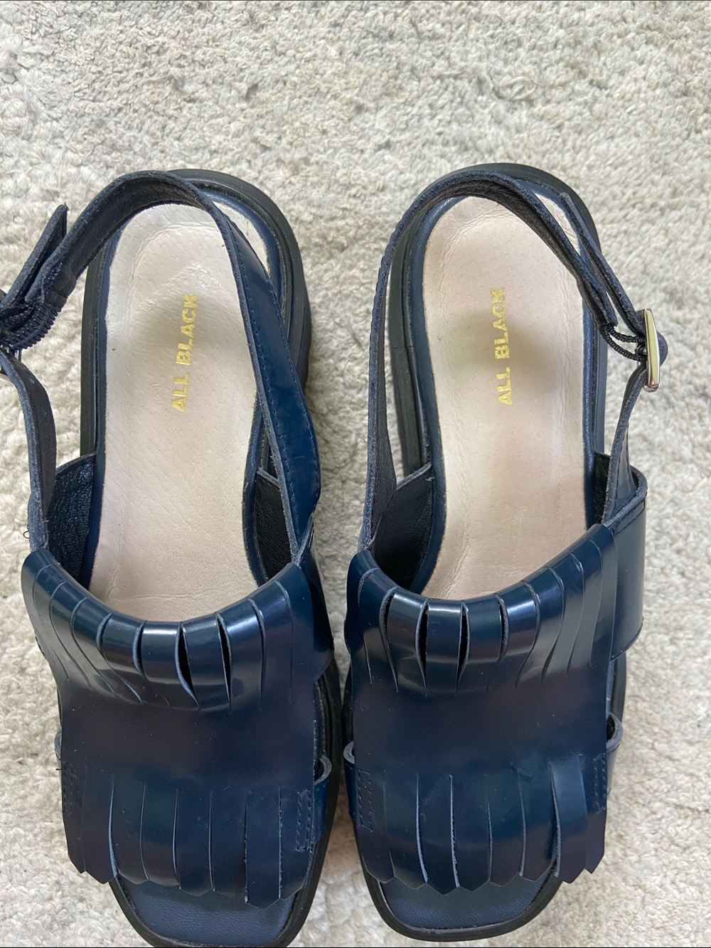 All Black Kiltie Navy Fringe Platform Chunky Sandals - Picture 5 of 9
